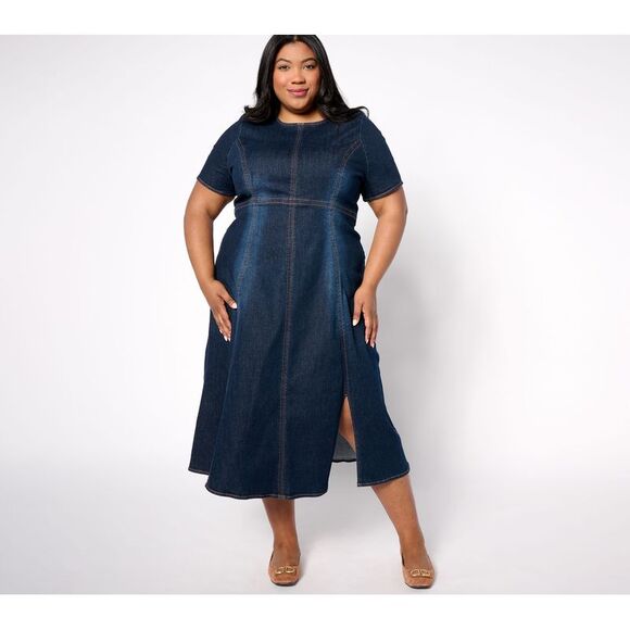 Peace Love World Women's Dress Sz M Denim Regular Short Sleeve Midi Blue A679444 - Picture 1 of 4